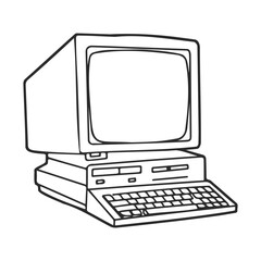 Poster - Vintage outline drawing of old computer with keyboard and monitor