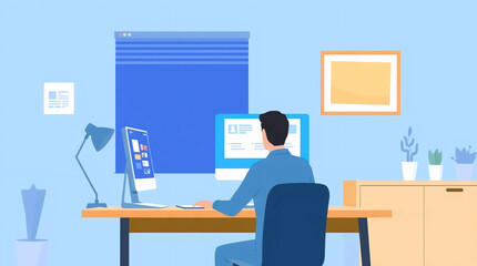 Aufkleber - flat style illustration of man working on desktop computer in home office setting with blue background tone
