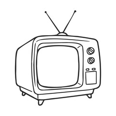 Poster - Vintage retro box television with antenna and dials in black and white outline