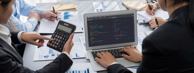 Poster - Business intelligence and data analysis concept. Analyst team working on financial data analysis dashboard on laptop screen as marketing indication for effective business strategic planning. Insight