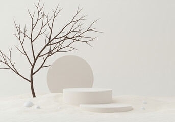 Poster - Minimal mockup background for product presentation. Podium and dry tree twigs branch with white sand beach on white background. 3d rendering illustration. Clipping path of each element included 
