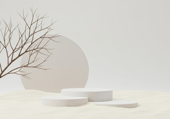 Poster - Minimal mockup background for product presentation. Podium and dry tree twigs branch with white sand beach on white background. 3d rendering illustration. Clipping path of each element included 
