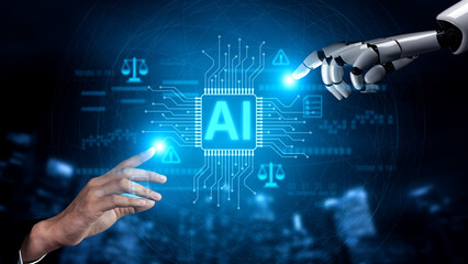 Poster - AI-generated image showing artificial intelligence control system with legal balance, cybersecurity warnings, compliance icons, and digital circuit board design Vouch
