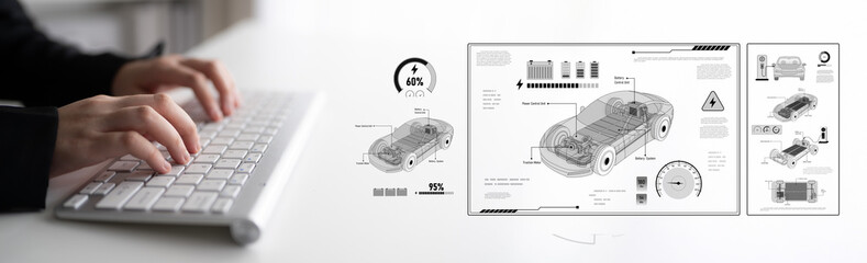 technical layout of electric vehicle showing battery system, power control, traction motor, charging