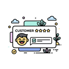 Poster - Customer review concept illustration featuring a smiling character, stars, and a checkmark, set within a rounded rectangular frame, with decorative elements like clouds and leaves. a modern, flat