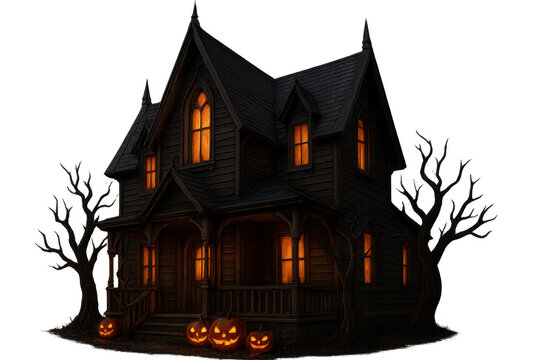 Scary haunted house with glowing pumpkins illuminating the porch on transparent background
