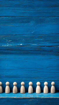 Wooden figures arranged on a blue wooden surface peg dolls blue background