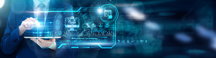 Poster - EdTech Consultant - CIO using tablet analyzing Educational Technology platform usage analytics and VR adoption rates, personalized learning ROI. Digital literacy benchmarks.