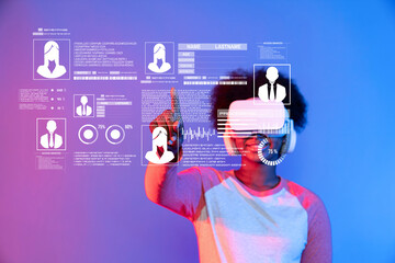 Poster - A young individual wearing a virtual reality headset interacts with digital identity and cybersecurity interfaces, emphasizing the importance of personal data protection and online safety. XDMCP