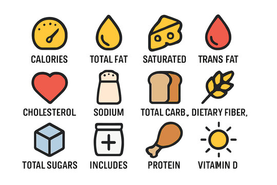 A set of nutrition facts icons in a clean minimal style, version featuring flat line symbols of nutrients commonly found in food product collections