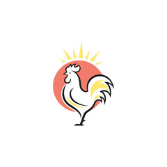 Poster - Stylized black rooster with red accents and yellow sun for a brunch cafe logo design on white