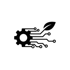 Poster - A black gear with circuit lines extending to a leaf suggesting technology and nature integration concept