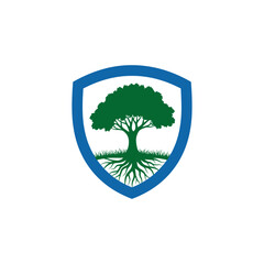Aufkleber - A blue house with a green leaf on top and green grass at the bottom in a white background logo design