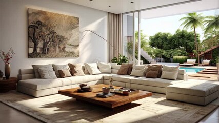 Aufkleber - Elegant and modern living room with spacious design, natural light, and pool view surrounded by greenery