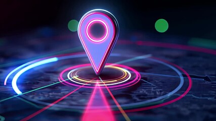 Poster - Dynamic neon location marker with glowing circular patterns on a dark map background