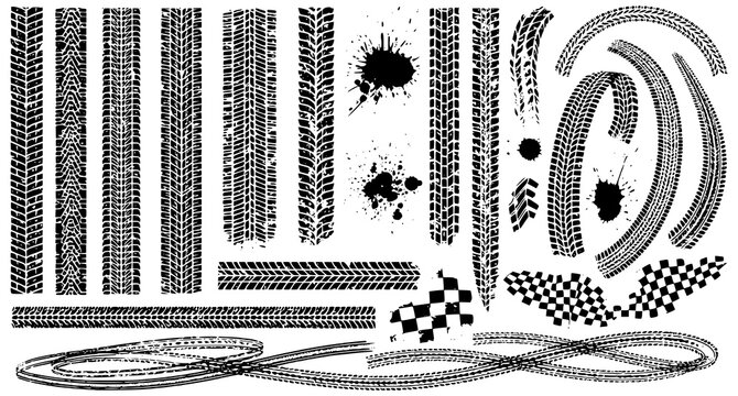 Tire tracks after skidding, launch, drift, powerslide in motorsport, rally, off-road, motocross. Wheel texture with splash effect. Vector, transparent PNG version.
