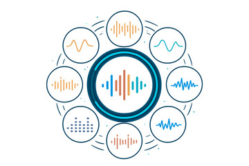 Poster - Modern Sound Waves - Equalizer: Futuristic waveforms, circular UI and UX bars, voice graph signals, and music waves in a futuristic HUD style, including microphone voice and sound recognition