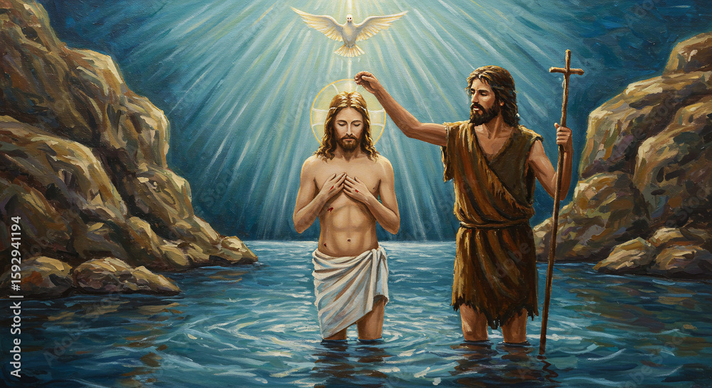 The baptism of jesus christ in the river jordan with john the baptist ...