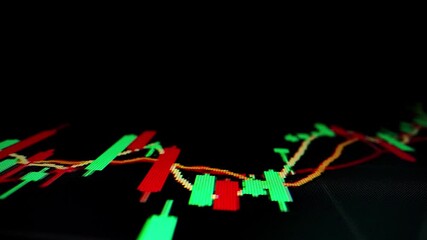Poster - Closeup macro shot movement of stock graph displayed on LED screen showing growth chart as economic boom or bull market point concept. Positive stock market exchange suitable for financial investment.