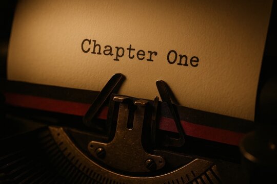 A vintage typewriter with 'Chapter One' typed on aged paper, bathed in warm, soft light, symbolizing new beginnings, storytelling, and the journey of writing a book or novel.