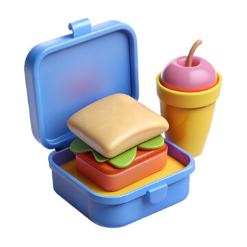 A 3d rendering of a lunchbox with a sandwich and drink isolated on transparent background