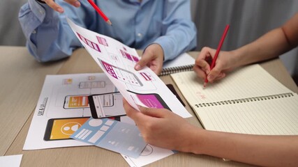 Poster - Panorama video of startup company employee planning on user interface prototype for mobile application or website in office. UX UI designer brainstorm designing user friendly interface plan. Synergic