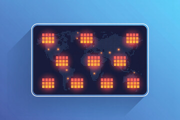 Aufkleber - Global network of interconnected digital data centers with glowing orange servers on a world map background