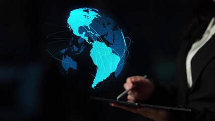 Poster - Global network connection visualization showing data exchange, digital link, worldwide communication. Global data flow and digital network infrastructure connecting regions around the world. Thunk