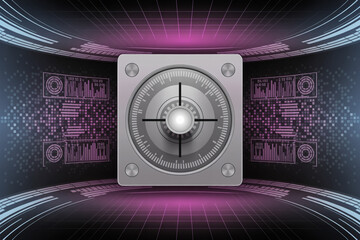 Aufkleber - Futuristic metallic safe with digital interface and glowing circuit board background
