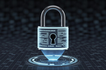Aufkleber - Futuristic digital padlock hologram projecting security and data protection on a dark circuit board background