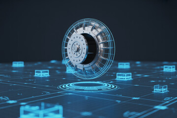Fototapete - Futuristic holographic wheel levitating above a glowing digital circuit board with blue light effects