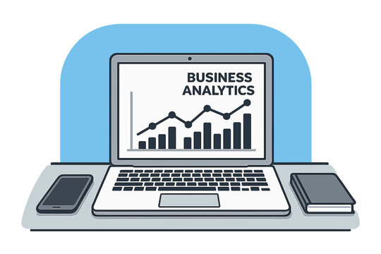 A business strategy concept is supported by data analysis and investment, leading to success, as shown in a financial review with laptop and infographic elements in a 3D isometric flat design vector