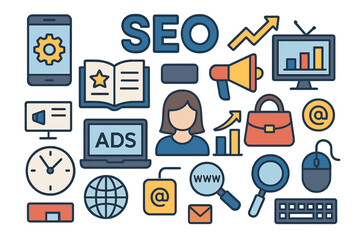 Fototapete - Collection of contemporary flat design symbols for SEO and online marketing