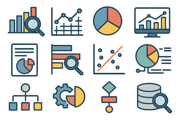 Poster - This set of vector line icons is related to data analysis and includes icons for big data, processing, performance, and more, with editable stroke and 64x64 pixel perfect resolution