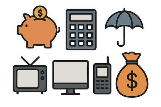 Well-designed financial icons in a pixel-perfect vector format with thin lines, arranged in a 30 2x grid suitable for web graphics and apps, characterized by simplicity and minimalism