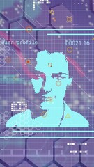 Fototapete - Animation of changing profile icons and data processing against hexagonal shapes on blue background