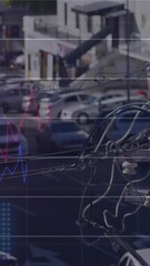 Poster - Animation of multiple graphs with changing numbers over moving vehicles on street in city