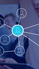 Poster - Animation of media icons over caucasian businesswoman using tablet