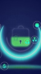 Poster - Renewable energy and environmental protection icons animation over glowing lock symbol