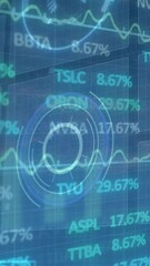 Poster - Animation of stock market over scope scanning on green background cityscape