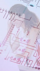 Poster - In school, diverse people collaborating with circuit diagram overlay in bright office