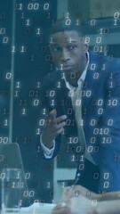 Poster - Discussing strategy, diverse professionals in business meeting with binary code overlay