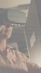 Poster - Animation of eye in loading circles over caucasian woman using vr headset in server room