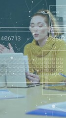 Poster - Animation of data processing over diverse colleagues having meeting in office