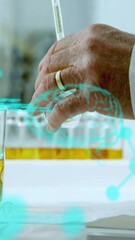Poster - Animation of data processing with molecules and brains over caucasian male scientist working in lab