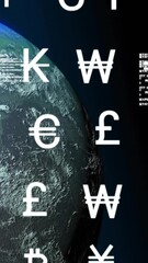 Poster - Currency symbols animation over rotating Earth in space