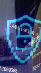 Fototapete - animation of changing numbers, security padlock icon against caucasian man drinking coffee at office