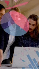 Poster - Animation of infographic interface over diverse coworkers discussing reports on laptop