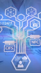 Poster - Animation of technology icons over diverse businesspeople in office