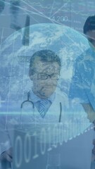 Poster - Animation of data processing and globe over diverse doctors